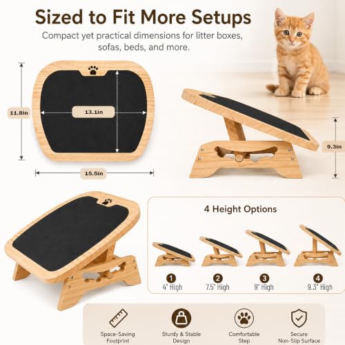 Wooden Litter Box Ramp, 4-Position Adjustable Cat Step for Automatic | and High-Entry Litter Boxes, Stable Elevated Pet Step for Senior Cats, Kittens and Small Cats