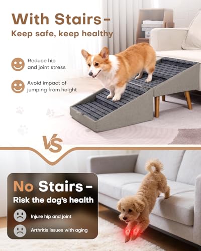 Dog Ramp for Bed & Couch, Dog Stairs 21.06 inches High for Large/Medium/Small Doggie,Split Ottoman Foldable 2 in 1 Wooden Pet Steps for Older and Injured Dogs, No-Slip Surface (17.13" H-Hemp Green) - size: 17.13" H-Hemp Green