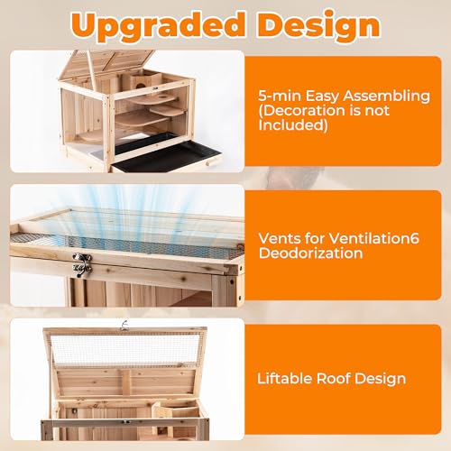 RUNSHED Hamster Cage Wooden Chew Proof, Large Hamster Cages and Habitats, Openable Top with Acrylic Sheets, Solid Built Small Animal Cage,Easy to Assemble