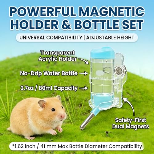 Strong Magnetic Hamster Water Bottle with Holder, 2.7oz No Drip Small Animal Water Bottle for Glass Tanks, Hamsters, Gerbils, Mice, Rats, BlueZ9476-5