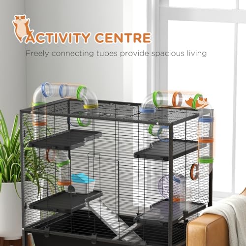 PawHut 32" Large Hamster Cage with Storage Shelf for Syrian Hamster, Tubes | Rat Cage, for Gerbils, Running Wheel, Food Dish, Water Bottle