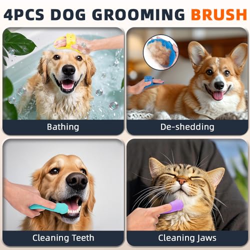 4PCS Dog Bath Brush | Scrubber for Bath | Shampoo Brush | Toothbrush | Finger Toothbrush | Dog Shower/Washing Brush with Adjustable Ring Handle - Pet Bath Supplies (Blue Yellow) - color: Blue Yellow