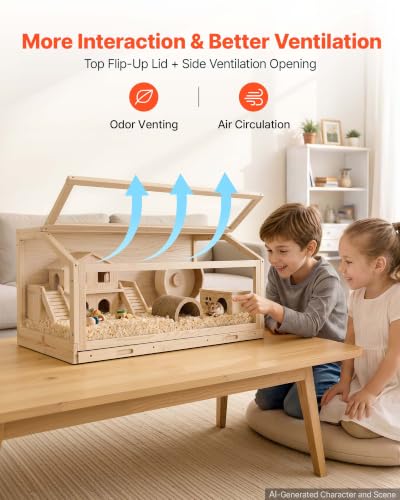 VEVOR Wooden Hamster Cage 39.4"x20.5"x19.9" 270° Viewing Hamster Habitat, Chewproof Acrylic Small Animal Cage with Openable Top, Large Pet Enclosure for Syrian/Dwarf Hamsters, Guinea Pigs & Gerbils - size: 39.4"L x 20.5"W x 19.9"H