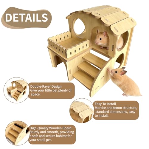 Wooden Hamster Hideout - Wood Hamster Hide House with Ladder Platform Small Pet Hut Habitat Detachable Hamsters Maze Cage Accessories for Dwarf Rat Gerbils Mouse and Other Tiny Animals