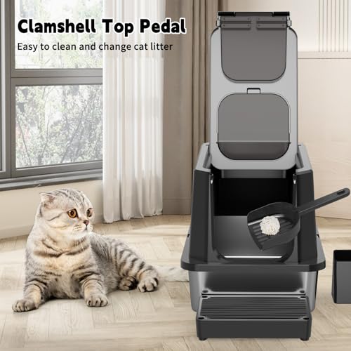RIZZARI Stainless Steel Cat Litter Box with Dual Exit & Flip Top | Dual Entry Exit & Top / Stainless No Odor / Litter Catch Pedal / Enclosed or Open / Easy Clean Tool-Free / Cats & Apartments - color: Solid Black