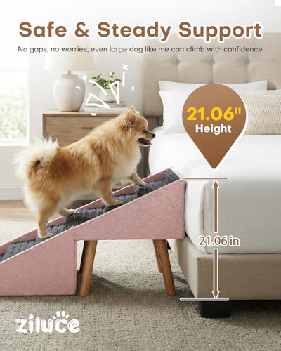 Dog Ramp for Bed & Couch, Dog Stairs 21.06 inches High for Large/Medium/Small Doggie,Split Ottoman Foldable 2 in 1 Wooden Pet Steps for Older and Injured Dogs, No-Slip Surface(Pink) - size: 21.06" H- Pink