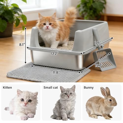 Stainless Steel Litter Box with Lid,Kitten Litter Box for Small Cats | Open Top Low Entry Litter Box,Metal Kitty Litterbox,Odor Control,Anti-Leakage, Non-Sticky, Includes Mat&Scoop,17.5x13.6x8in, - color: M:17.5"L x 13.6"W x 8"H