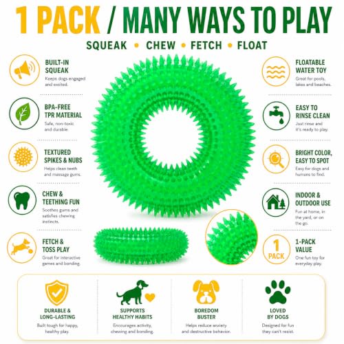 ADUCK Dog Squeaky Chew Toys for Aggressive Chewers, Small Medium Large Dogs Teeth Cleaning Soft Natural Rubber Float Toy for Indoor Outdoor Water Pool, Donut Ring Design 4.92 inch, Crystal Green - color: Crystal Green