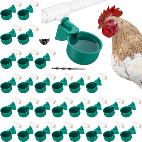 LemonRoad 30 Set Automatic Chicken Waterer Cups with 1/2" PVC Tee Fitting Chicken Drinking Bowl, Water Dispenser Feeder Poultry Drinker Mounting Hole Opener for Duck, Goose, Pigeon(Dark Green) - color: Dark Green