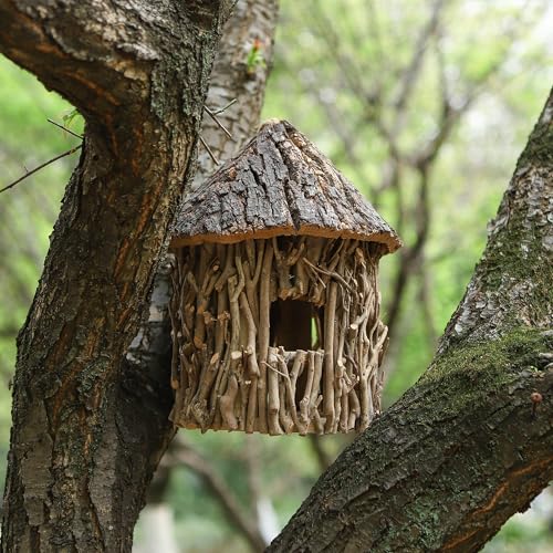 Twig-Covered Cylinder Birdhouse Squirrel House, 2.4" Entry for Medium Birds, Natural Branch Exterior & Waterproof Interior, Woodland Garden Backyard Decor - style: Cylindrical House