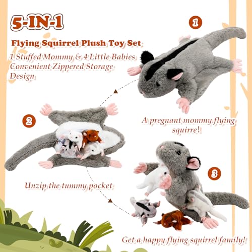 Hollowfly 5 Pcs Sugar Glider Family Stuffed Animal Set 18.5 Mommy Sugar Glider Plush Toy Long Tail with 4 Cute Babies Zippered Belly Inside Nurturing Gifts for Kids Adults Holiday Birthday Christmas - style: Sugar Glider