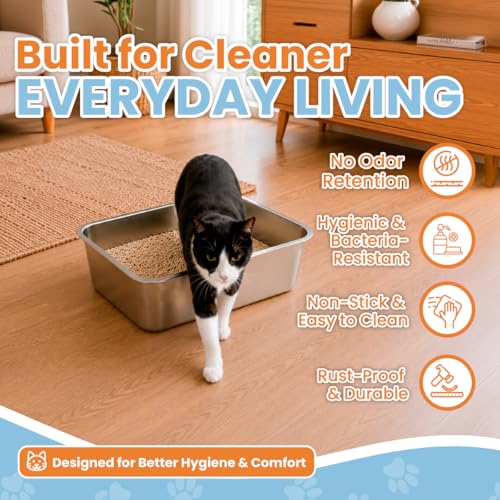 Stainless Steel Cat Litter Box with Scoop, 17.5 x 14 x 6 in – Heavy Duty Metal Litter Pan with High Sides for Medium Cats and Kittens