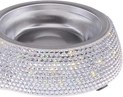SAVORI Small Dog Bowls, Handmade Bling Rhinestones Stainless Steel Pet Bowls Double Food Water Feeder for Puppy Cats Dogs Cats (Silver-320ml) - color: Silver-320ml