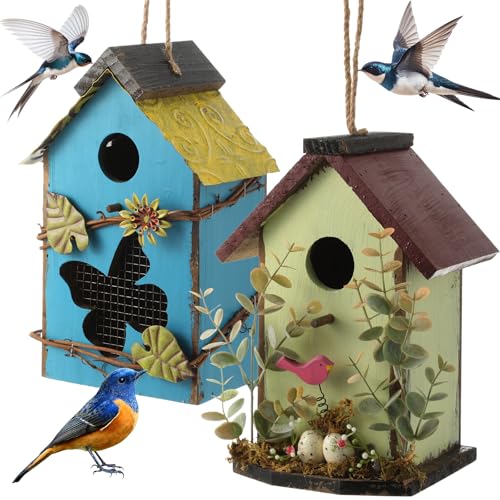 DoubleFill 2 Pcs Birdhouses for Outdoor Hanging Yard Outside Wooden Birdhouse Hand Painted Bird Box for Bird Lovers Bluebird Tree Garden Decor Decorative Birdhouse(Blue,Light Green,Iron Roof) - color: Blue,Light Green, size: Iron Roof