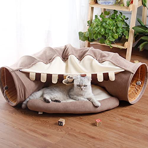 LEFTSTARER 2-in-1 Collapsible Cat Tunnel for Indoor Bed and Hideout - Pet Dog Rabbit Bunny Ferret Tunnel Tubes Toys with Removable Washable Mat, Tower Wheel Stuff - color: 2.Coffee