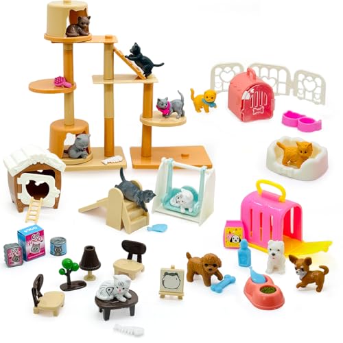 60PCS Realistic Cat & Dog Figures Playset - Educational Pet Pretend Play Toys for Kids Ages 3+, Role Play Kit with Animal Figures & Accessories for Boys & Girls Learning & Imagination Development
