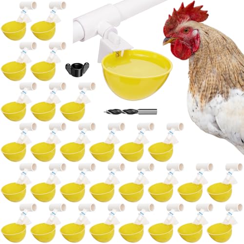 LemonRoad 30 Set Automatic Chicken Waterer Cups with 1/2" PVC Tee Fitting Chicken Drinking Bowl, Poultry Drinker Mounting Hole Opener,Water Dispenser Feeder for Duck, Goose, Turkey, Pigeon(Yellow) - color: Yellow