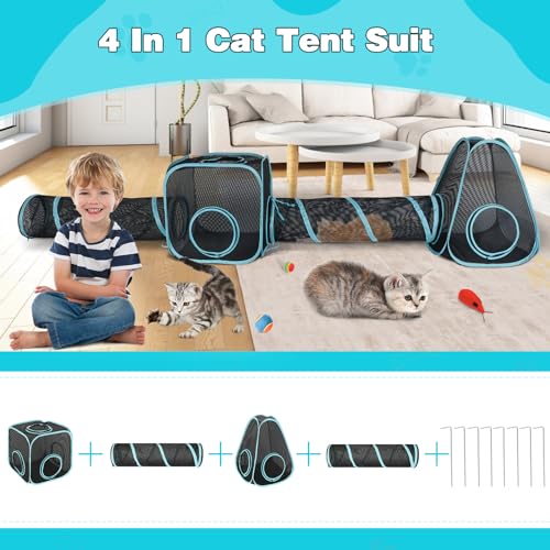 Outdoor Cat Enclosure, 9.45 ft Pop-Up Cat Tent with Tunnel Kit | 4-Piece Kit with 2 Tunnels, 33.86 x 11.81 in Tubes, Breathable Mesh, Pop-Up Setup, Storage Bag, DIY Layouts, Cats