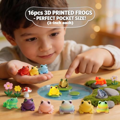 16Pcs Mini 3D Printed Frog Bulk, Articulated Frog Small Animal Figurines, 3D Printed Fidget Toys for Easter Basket Stuffers, Easter Egg Fillers for Kids, Desk Pets for Classroom Prizes