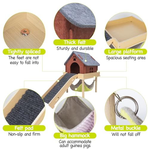 BESNEW 3 in 1 Enlarged Guinea Pig Hammock,Wooden Guinea Pig Hideout with House & Platform & Stairs Small Animal Toys for Hiding Sleeping Activities - color: Gray Roof