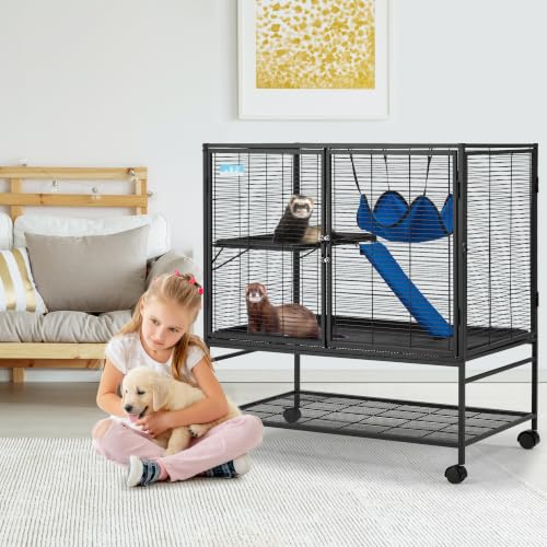 HABUTWAY 40''H Large Metal Rolling Ferrets Cage, 2-Tiers Small Animal Cages, Cage for Rats/Chinchillas, 0.5'' Bar Spacing for Ferret,Small Animal Cage w/Removable Ramp & Platform - size: 36.0"L x 23.0"W x 39.0"H