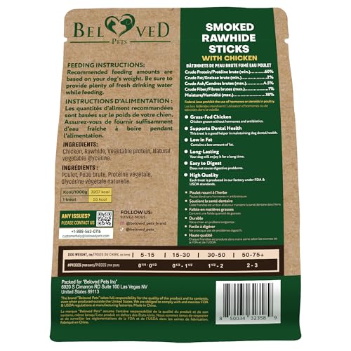 Dog Smoked Rawhide Sticks Wrapped Chicken & Pet Natural Chew Treats - Grain Free Organic Meat & Healthy Human Grade Dried Snacks in Bulk - Best Twists for Training Small & Large Dogs - Made for USA