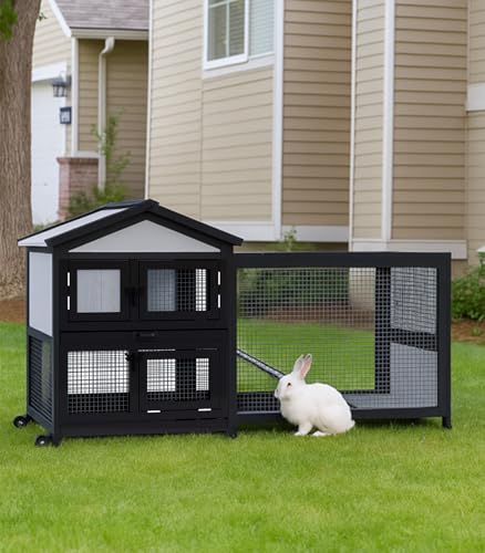 Rabbit Hutch 58" Rabbit Cage Outdoor&Indoor 2-Story Chicken Coop Guinea Pig Cage on Wheels Bunny Cage with 3 Deep No Leakage Pull Out Tray,Waterproof Roof (Black) - size: 58 inch