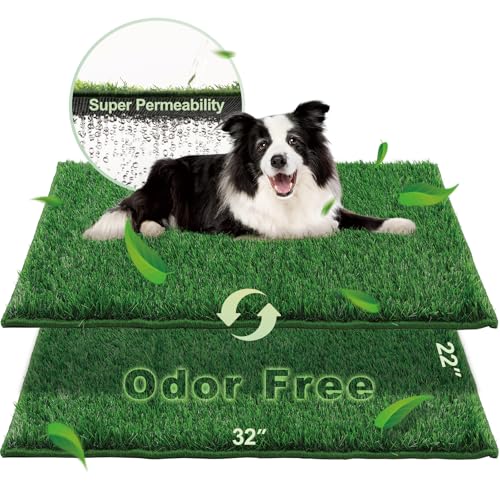 Grass Pee Pads for Dogs Potty, Artificial Grass Patch Odor Free | 2PCS Fake Grass with Fully Permeable Backing for Fast Drainage, Indoor Potty Grass Hemmed Edge Turf, Easy Clean - size: L - 32'' x 22'' for Dog＜ 28" Length
