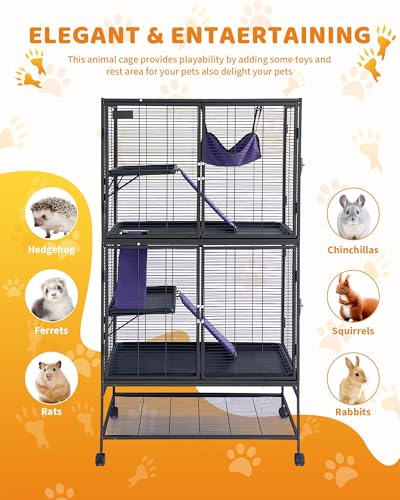 64" Metal Ferret Cage, 4-Tier Small Animal Cage with Removable Ramp, Hammock, Storage Stand & Tray for Chinchilla, Hamster