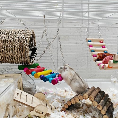 Hamiledyi Hamster Hanging Hammock 3 Piece Wooden Rat Ladder Swing Set Cage Clmbing Toys Accessories for Syrian Hamster Sugar Glider Bird Mice Playing Sleeping