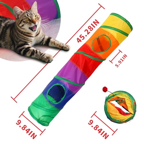 Pet Cat Tunnel, Long Straight Tunnels for Indoor Cats, Collapsible Pet Tunnel for Kitten, Puppy, Rabbit, 25cm-Wide Tunnels, Durable & Breathable, with Peek Hole Toy Ball - color: Long Straight Tunnel & Rainbow