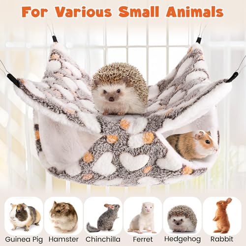 MCEAST 4 Pieces Small Pets Cage Accessories Hanging Hammock Sleeping Bag Tunnel and Bed Hideout Set Warm Sleep Nap Sack Bed for Hamster Ferret Squirrel Rabbit, Coffee Hearts - style: Coffee Hearts