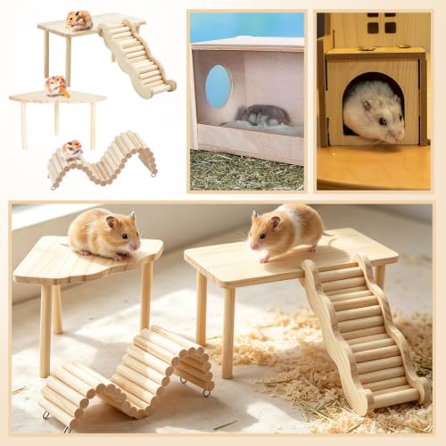 4 Pcs/Set Wooden Hamster Platform Hideout with Tunnel Ladder Hamster Toys Set Dwarf Hamsters Accessories Game Climbing Toy for Pets Dwarf Syrian Mice Degus Gerbils Squirrel
