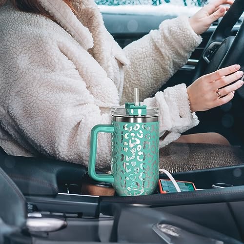 40 oz Tumbler with Handle and Straw, 100% Leak-Proof Travel Mug, Stainless Steel Double Wall Vacuum Insulated Coffee Cup Keeps Cold For 34 Hours, Dishwasher Safe, Green Leopard - color: Green Leopard
