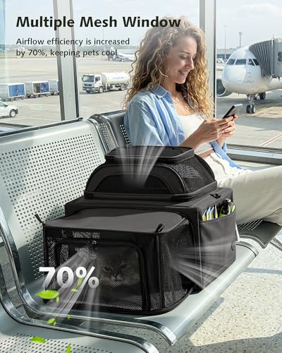 Pecute Top Expandable Airline Approved Pet Carrier for Cats, Dark Gray | Top side expandable, breathable scratch-resistant mesh, leakproof pee pad, locking zippers, foldable travel bag under 11lbs - color: Dark Gray