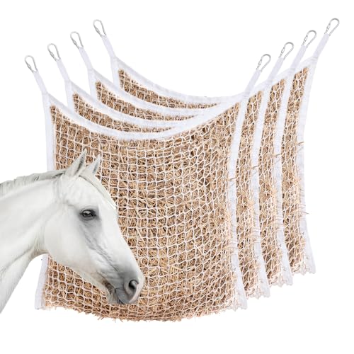 Slow Feed Hay Nets for Horses, Large Capacity Hay Bags, 4 Pack | 35 x 31 in, includes 8 carabiners,white, heavy duty, hay feeder for horses and goats, easy to hang in stalls and trailers - size: 4PCS-White