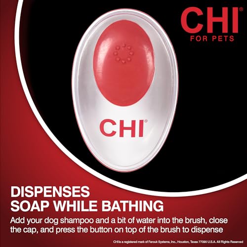 CHI for Dogs Soap Dispensing Palm Brush, Handheld Dog Bathing Scrubber with Built-In Shampoo Dispenser, Soft Rubber Bristles for Massaging and Deep Cleaning All Dog Coat Types, Red | Built-in shampoo dispenser, soft rubber bristles, massages while deep cl