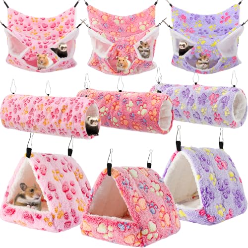 Abbylike 9 Pieces Rat Hammock 3 Tier Guinea Pig Ferret Hammocks Small Pet Hanging Tunnel Glider Toy Guinea Pig Ferret Hideout Bed Cage Accessories for Hamster(Purple, Pink, Rose Red,Paw) - color: Purple, Pink, Rose Red