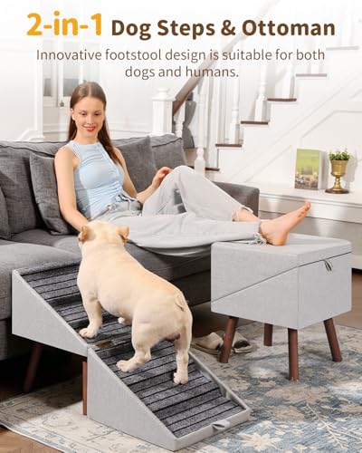2-in-1 Foldable Ottoman Dog Ramp for Couch(6-Steps) | Convertible Folding Dog Stairs for Couch and Bed,Non-Slip Wooden Pet Stairs for Puppy Senior Injured Dogs - size: 6-STEPS