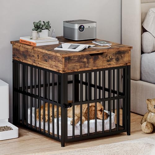 IRONCK Dog Crate Furniture for Small Dogs, Rustic Brown | Wooden Dog Kennel with Flip Top Drawer, Indoor Pet Crate End Table with Charging Station, Steel-Tube Dog Cage - color: Rustic Brown