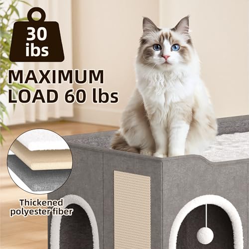 Top Bed Three Rooms Cat Condos,All-in-1 Extra-Wide Cat House for Indoor，Multi Cats Puppy Family, Large Cat Cave for Pet House with Fluffy Ball Hanging and Scratch Pad, Foldable Hideaway