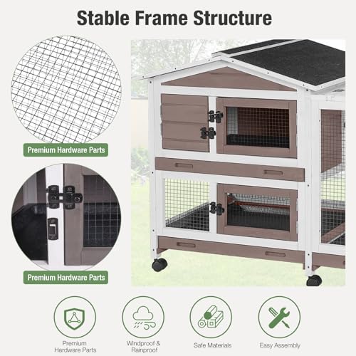 Indoor/Outdoor Rabbit Hutch with Pull-Out Tray, Weatherproof Bunny Cage & Attached Run - Also for Chickens (Brown, L) - color: Light Brown