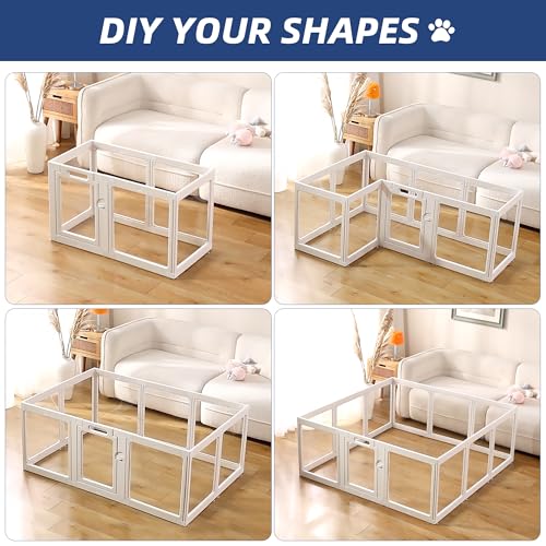 Clear Acrylic Dog Playpen Indoor, Puppy Cat Small Pet Play Pen, Pet Cat Playpen for Rabbits, Dog Fence Crate Kennel Whelping Cage (24", White, 10 Panels)