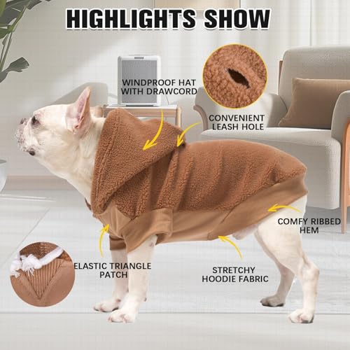 BINGPET Dog Hoodie for Small Medium Large Dogs, Sherpa Hooded Dog Sweater with Leash Hole for Boy Girl Dogs,Soft Warm Fleece Dog Winter Clothes Cold Weather Coats Jacket for Puppy Sweatshirt,S - color: Brown, size: Small