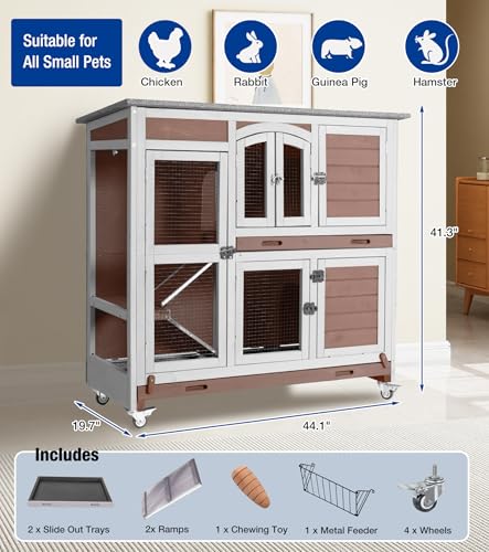 2-Story Rabbit Hutch with Wheels, Bunny Cage with Two Deepened Leak-Proof Trays, Indoor Outdoor Guinea Pig Cage with Waterproof Asphalt Roof - Brown - color: 44"L Milk Coffee