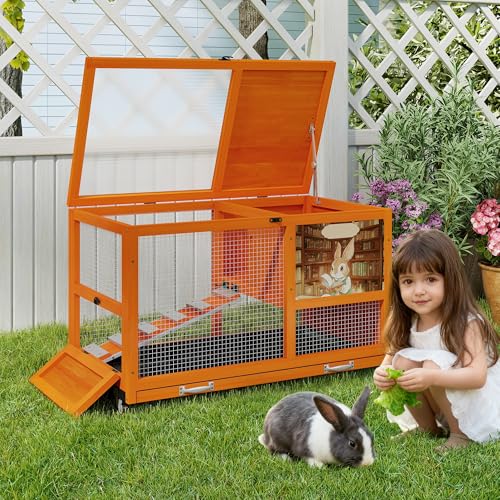 COZIWOW 36.5-Inch Double-Decker Wooden Rabbit Hutch with Wheels, Featuring A Cleaning Tray and Ladder—Stylish and Easy to Assemble（Orange and Pattern） - color: Orange and Pattern