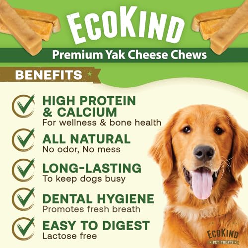 EcoKind Yak Cheese Himalayan Dog Chews, Yak Chews for Large Dogs, 4-5 Bones | 1 Lb, Long Lasting for Aggressive Chewers, Only 3 Ingredient Natural High Protein Dental Dog Treats, No Additives or Lactose