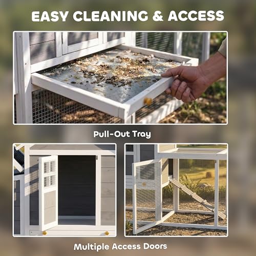 PawHut 82" Wooden Chicken Coop for 2-3 Hens with Nesting Box Gray | Large Outdoor Hen House Poultry Hutch, Pull-on Tray, Waterproof Roof, Ramp, Roosting Bars, Backyard Use