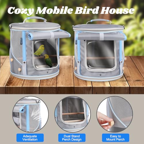 halinfer Bird Travel Carrier Cage for Small to Medium Size, Portable Parrot Parakeet Cockatile Conure Transport Cage with Clear Window and Fabric Shade, Round Carry Bird Bag - color: Grey