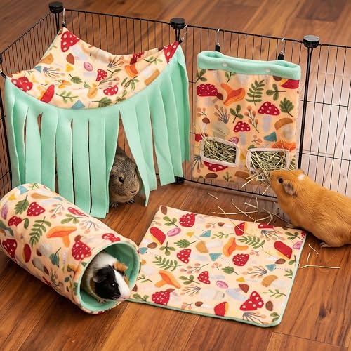 Guinea Pig Hideout Set (4-Pack), Tunnel, Corner Hide, Hay Bag & Mat | Soft Fleece Cute Small Animal Cage Accessories for Guinea Pigs, Bunny, Chinchilla, Hedgehogs, Ferret